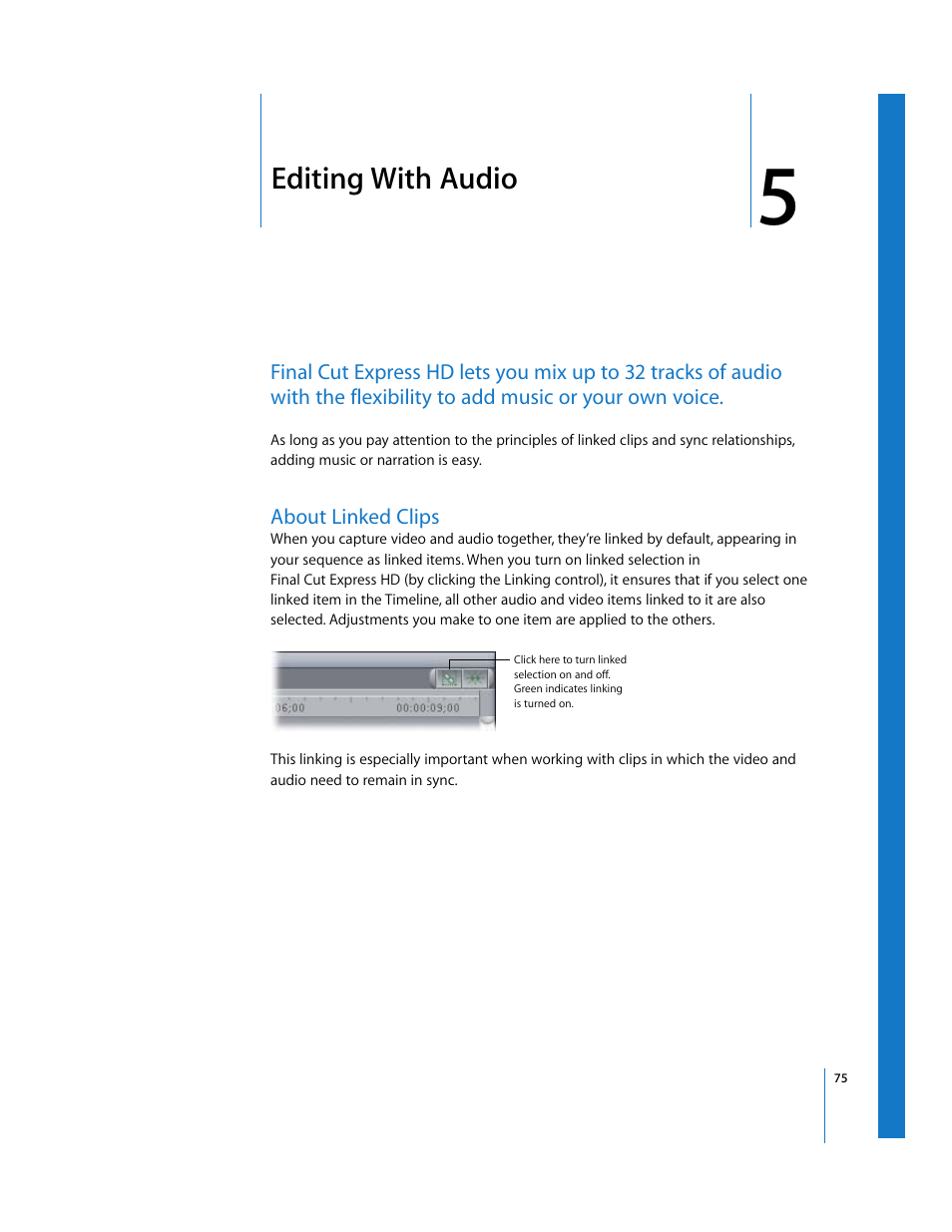 Editing with audio, About linked clips, Chapter | Apple Final Cut Express HD: Getting Started User Manual | Page 75 / 162