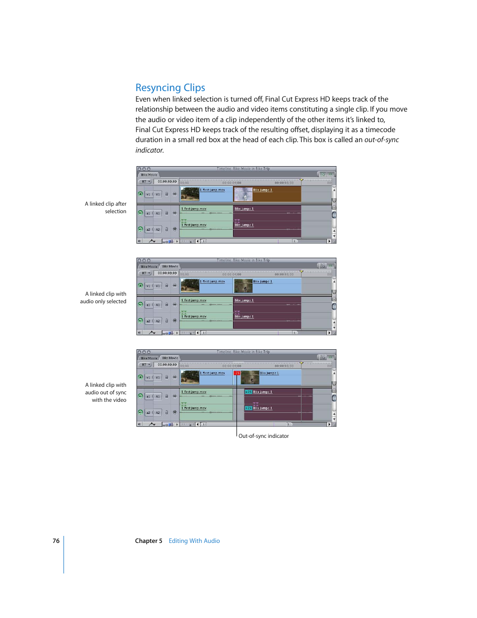Resyncing clips | Apple Final Cut Express HD: Getting Started User Manual | Page 76 / 162