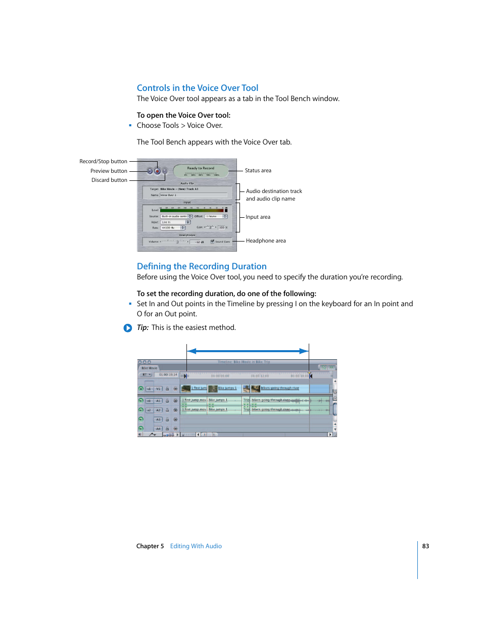 Controls in the voice over tool, Defining the recording duration | Apple Final Cut Express HD: Getting Started User Manual | Page 83 / 162