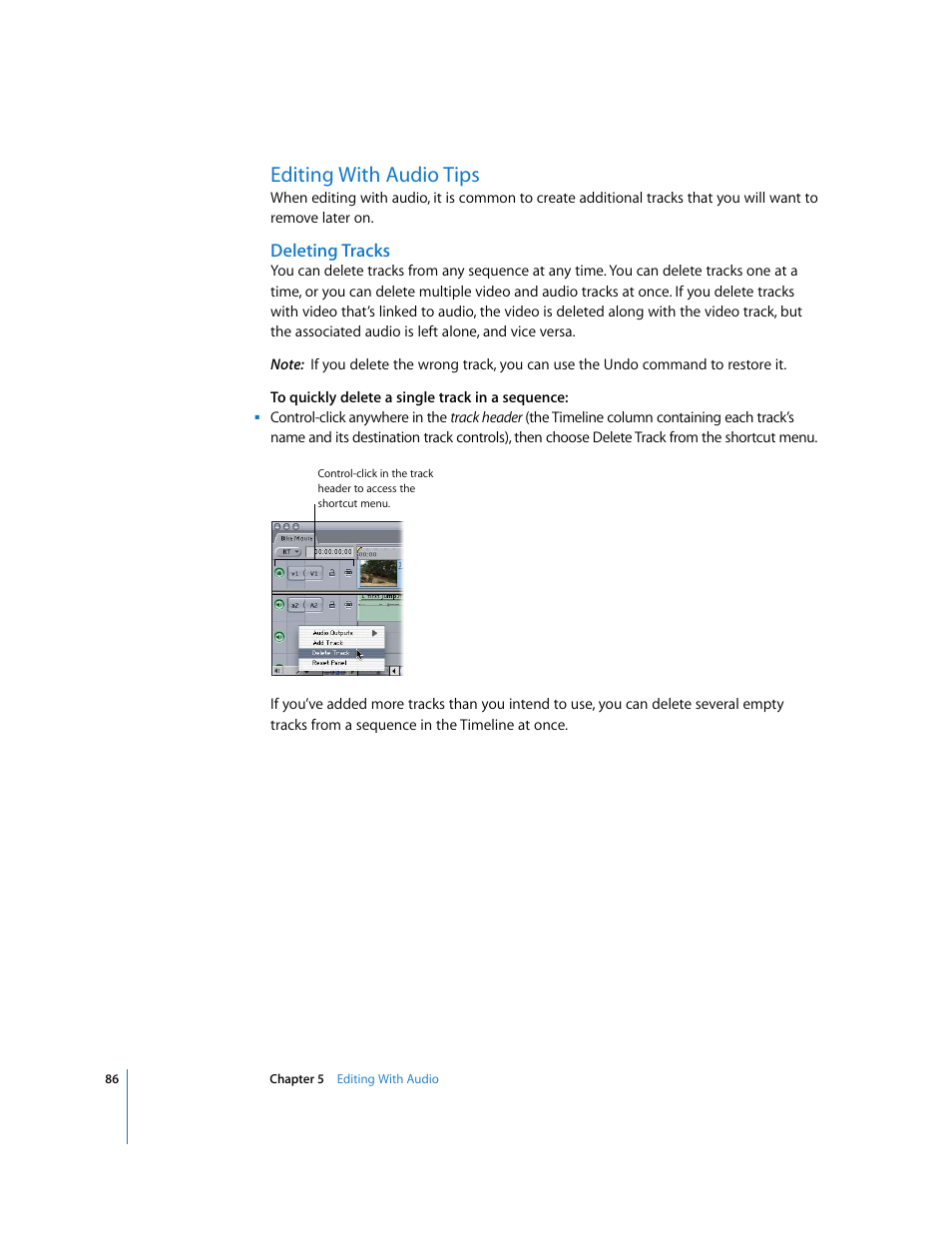 Editing with audio tips, Deleting tracks | Apple Final Cut Express HD: Getting Started User Manual | Page 86 / 162