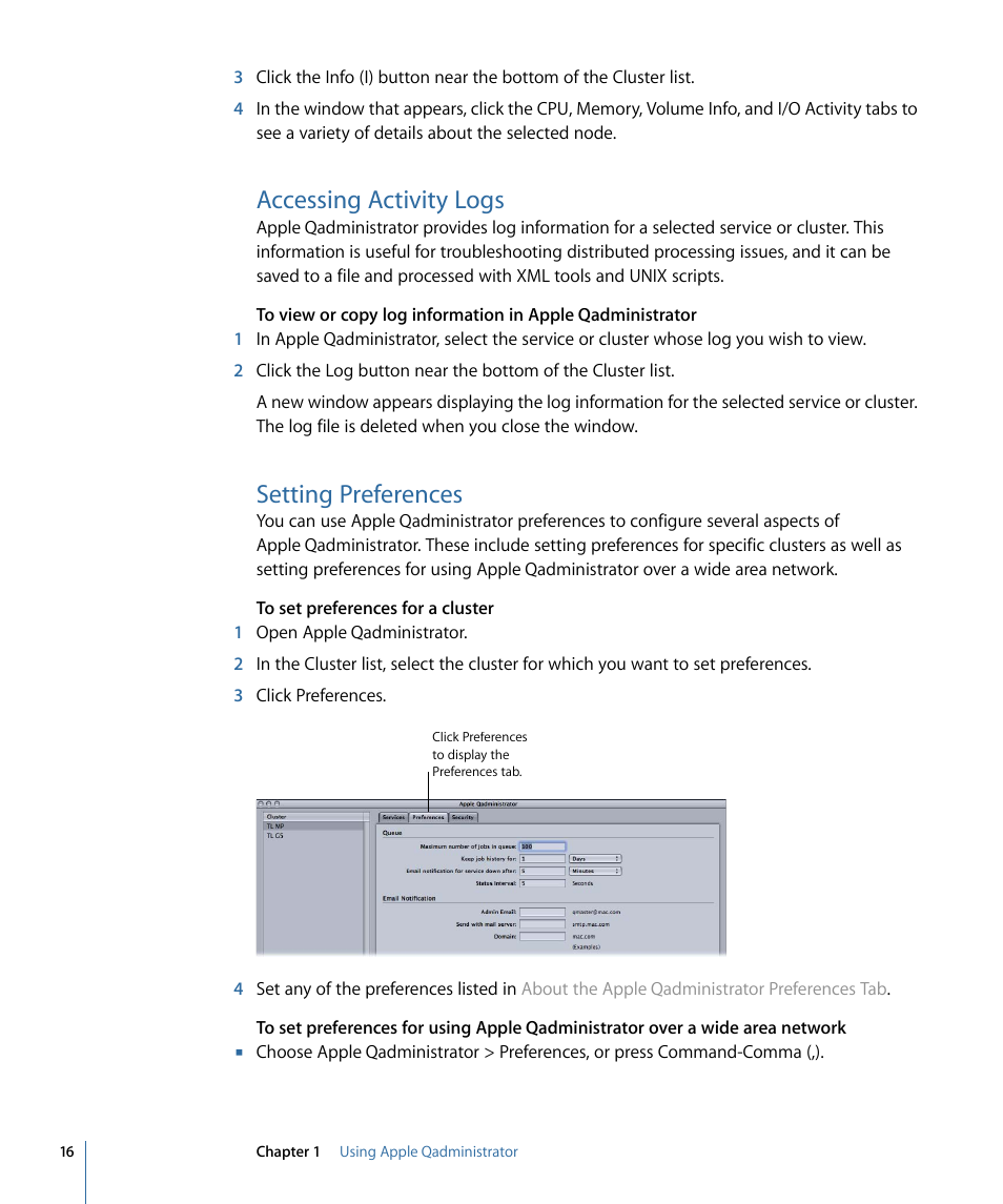 Accessing activity logs, Setting preferences | Apple Qadministrator 4 User Manual | Page 16 / 18