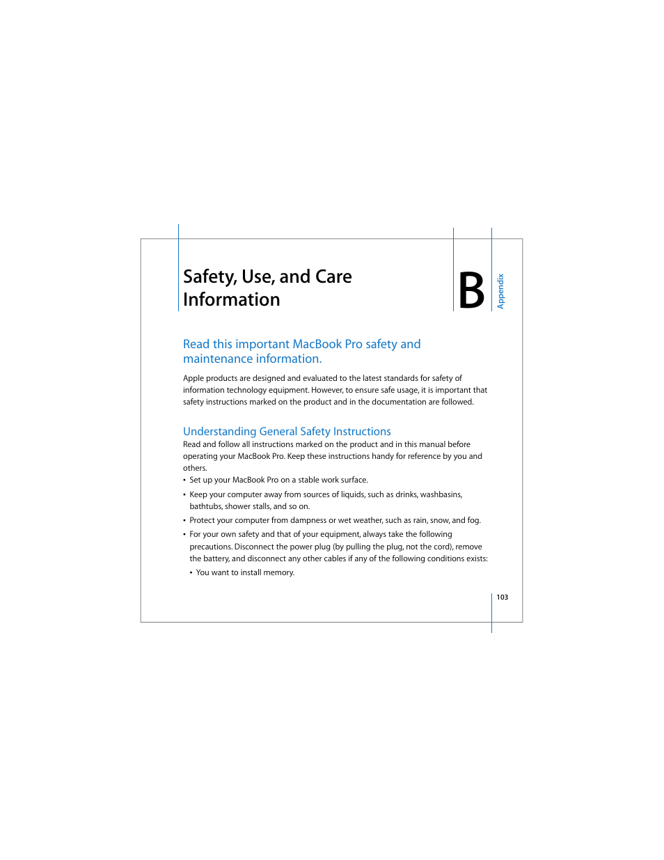 Safety, use, and care information, Understanding general safety instructions | Apple MacBook Pro (17-inch) User Manual | Page 103 / 144