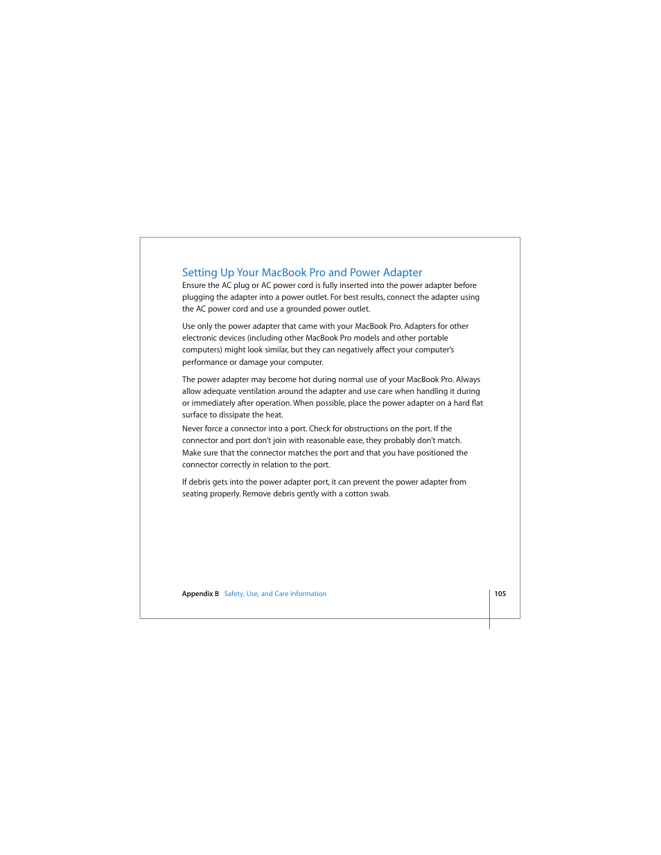 Setting up your macbook pro and power adapter | Apple MacBook Pro (17-inch) User Manual | Page 105 / 144