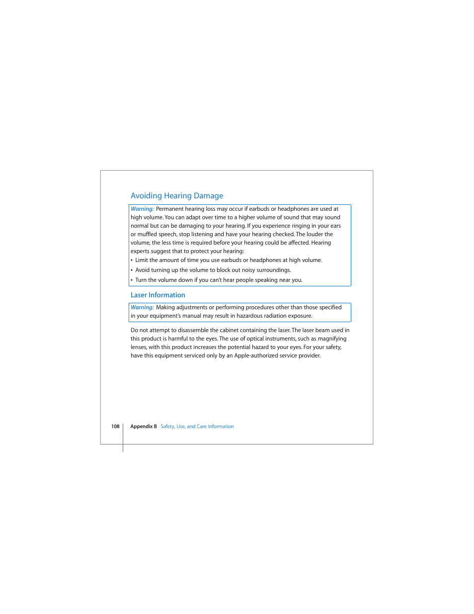 Avoiding hearing damage | Apple MacBook Pro (17-inch) User Manual | Page 108 / 144