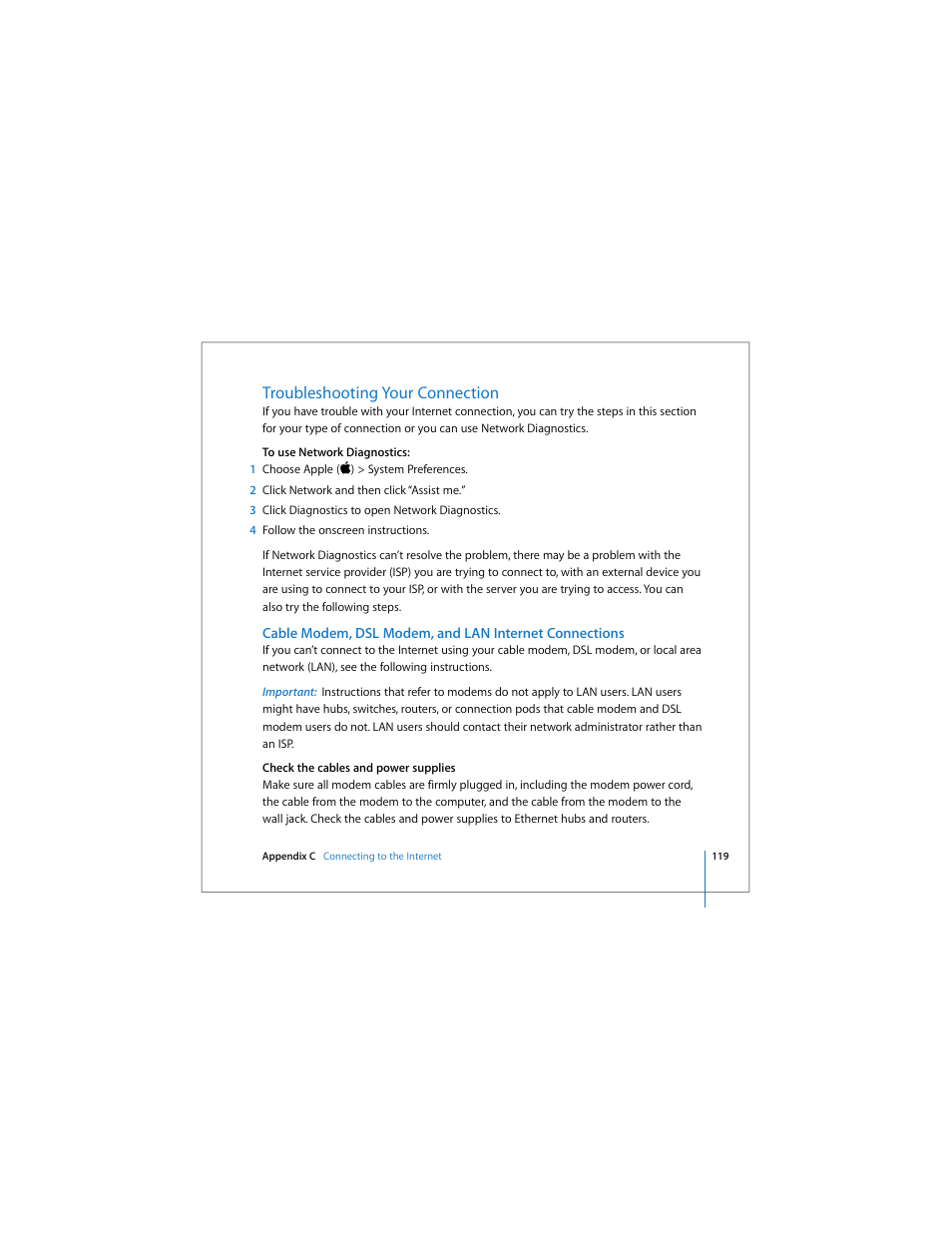 Troubleshooting your connection | Apple MacBook Pro (17-inch) User Manual | Page 119 / 144