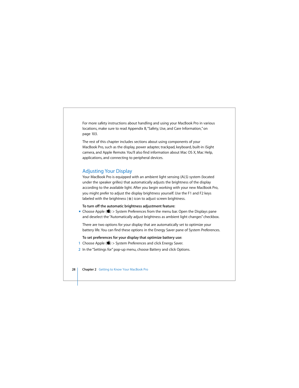 Adjusting your display | Apple MacBook Pro (17-inch) User Manual | Page 28 / 144