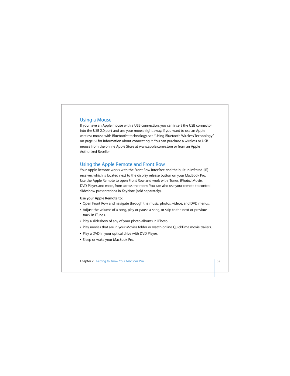 Using a mouse, Using the apple remote and front row | Apple MacBook Pro (17-inch) User Manual | Page 35 / 144