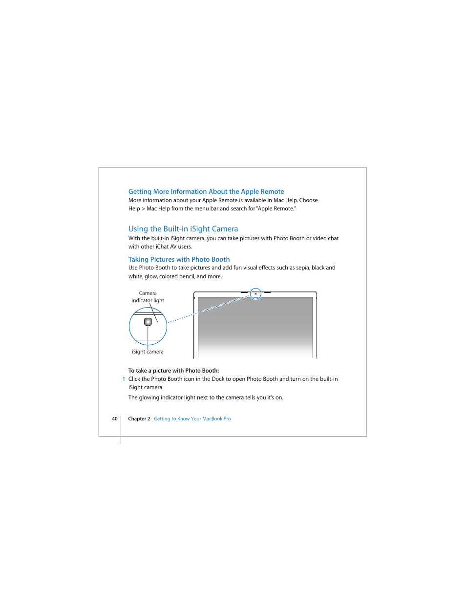 Using the built-in isight camera | Apple MacBook Pro (17-inch) User Manual | Page 40 / 144