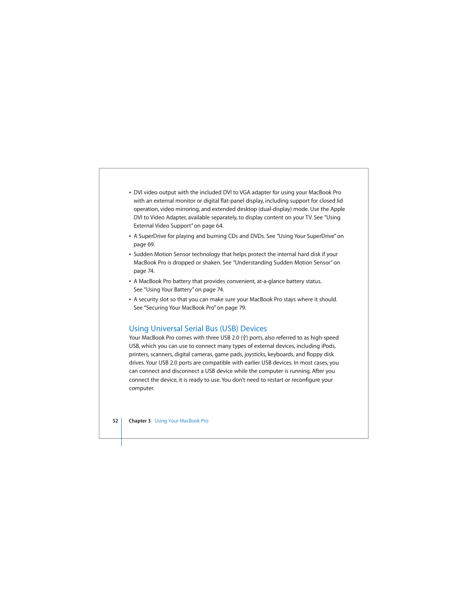 Using universal serial bus (usb) devices, See “using, Ee “using universal serial bus (usb) devices” on | Apple MacBook Pro (17-inch) User Manual | Page 52 / 144