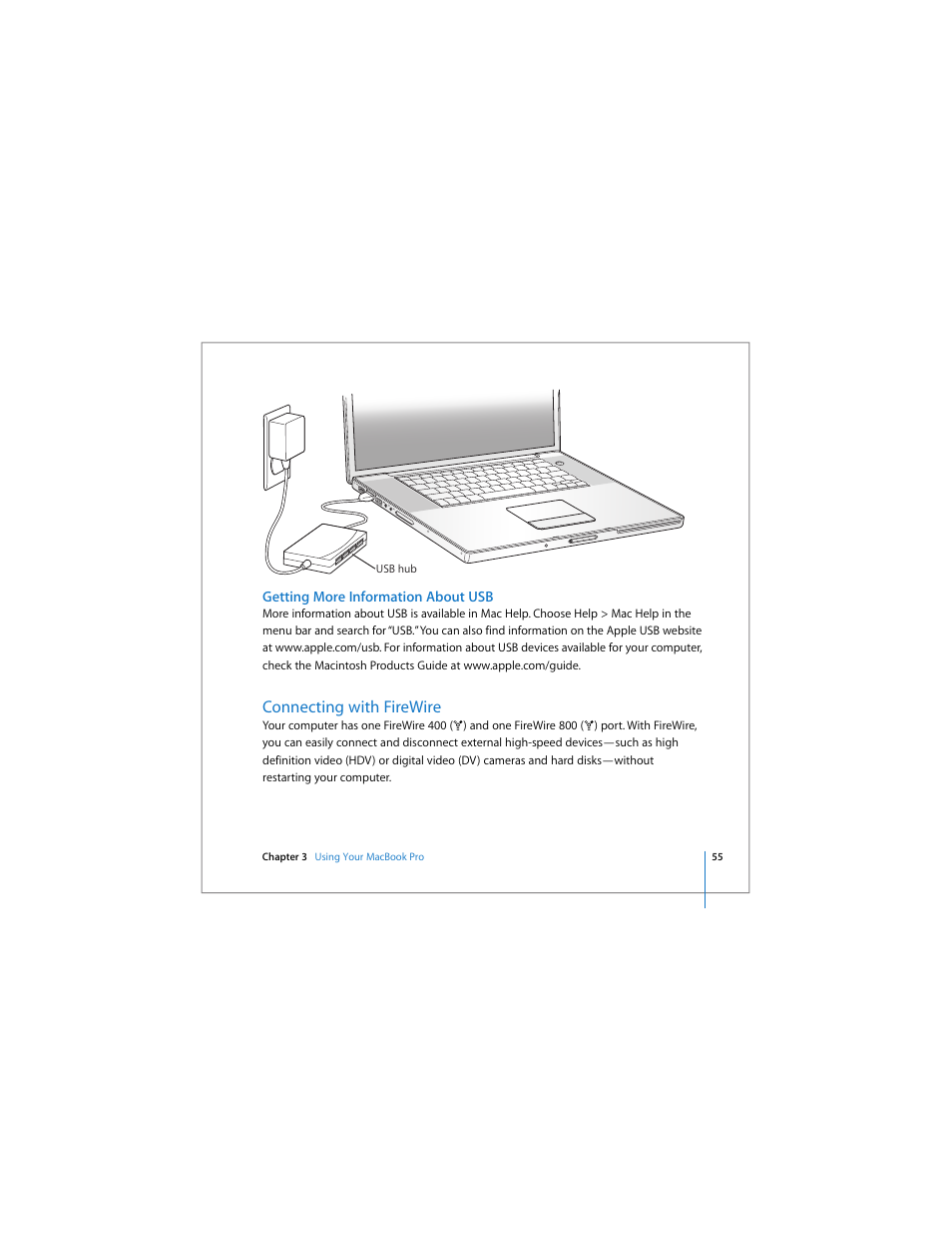 Connecting with firewire, Ee “connecting with firewire | Apple MacBook Pro (17-inch) User Manual | Page 55 / 144