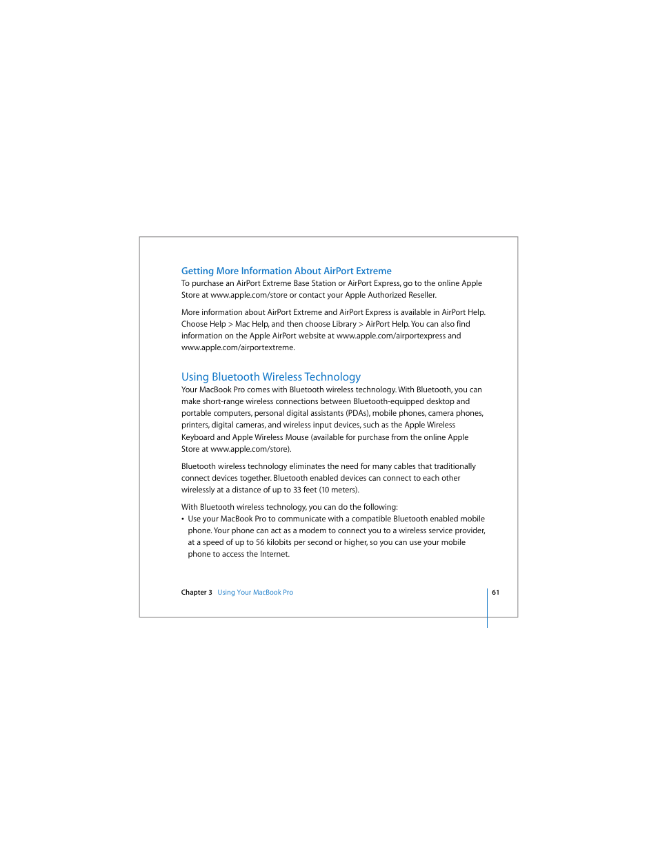 Using bluetooth wireless technology, Ee “using bluetooth wireless technology | Apple MacBook Pro (17-inch) User Manual | Page 61 / 144