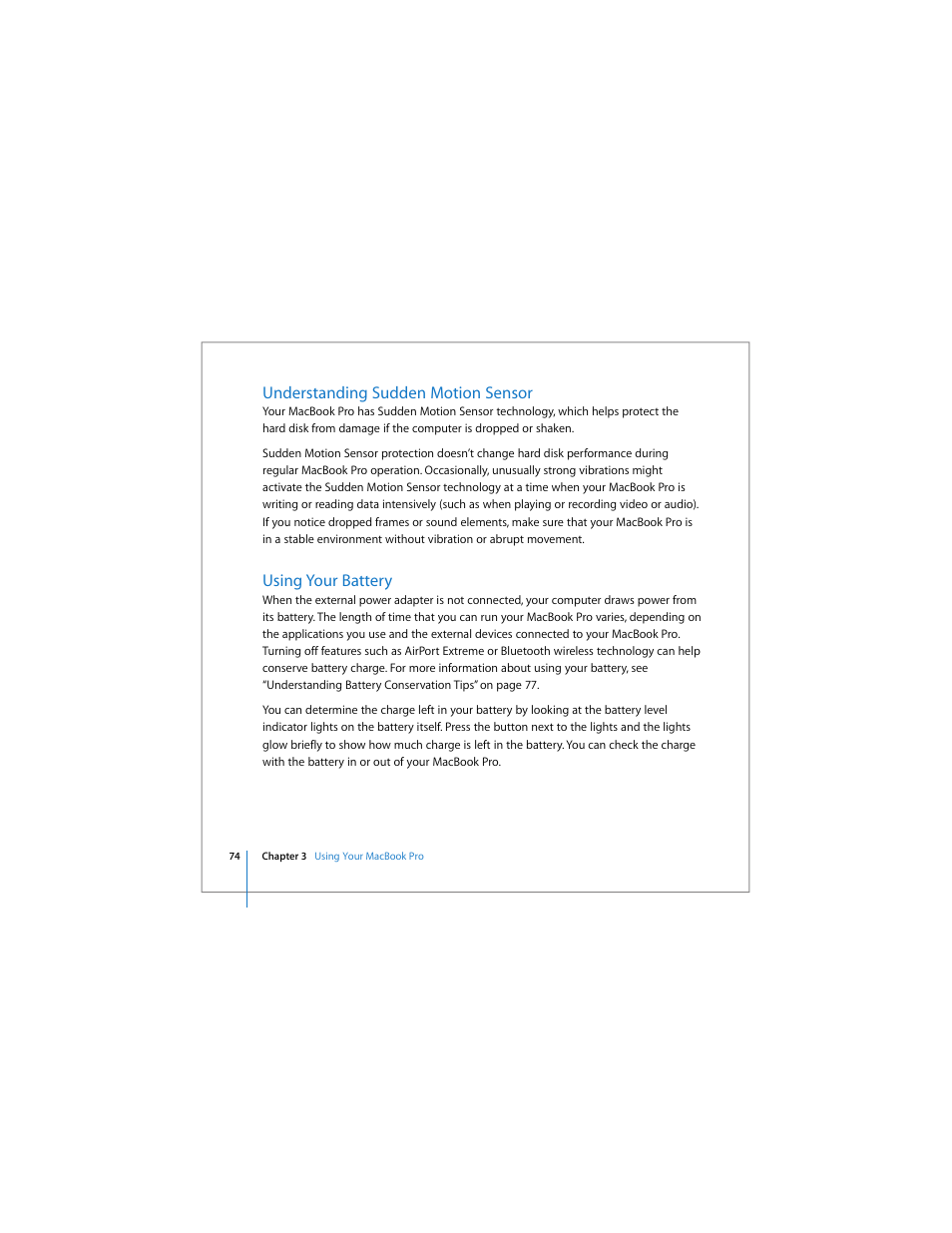 Understanding sudden motion sensor, Using your battery, Ee “understanding sudden motion sensor” on | Apple MacBook Pro (17-inch) User Manual | Page 74 / 144