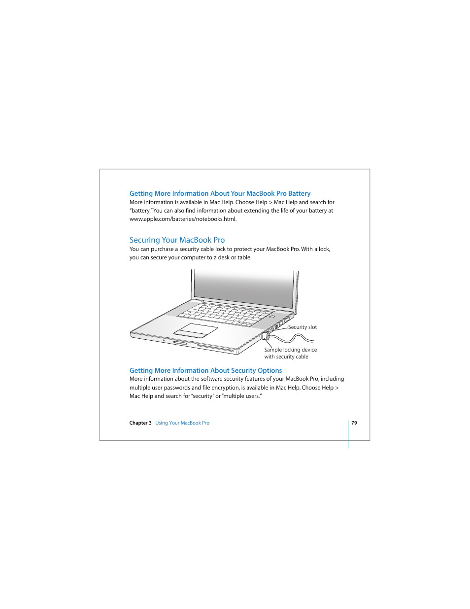 Securing your macbook pro | Apple MacBook Pro (17-inch) User Manual | Page 79 / 144