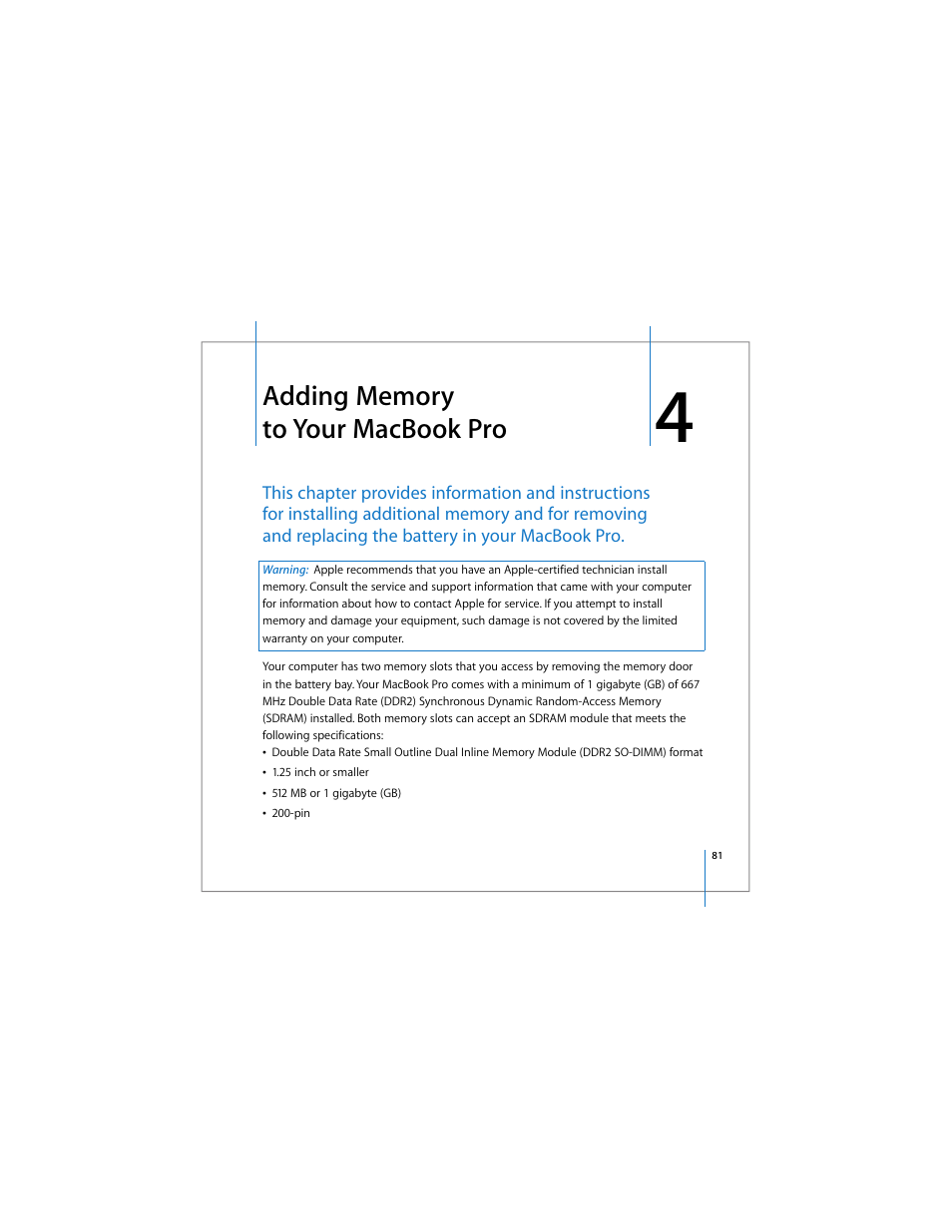 Adding memory to your macbook pro | Apple MacBook Pro (17-inch) User Manual | Page 81 / 144