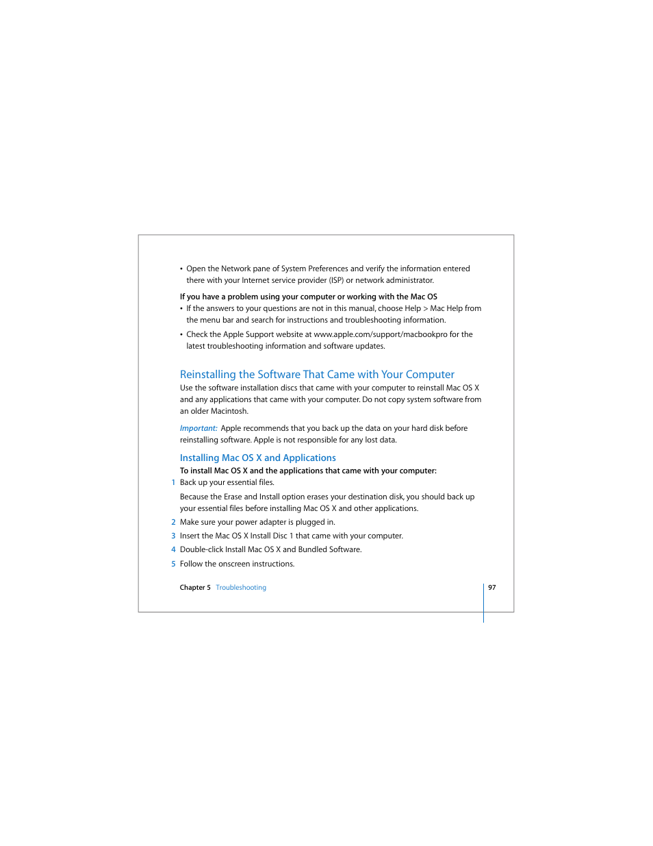 Ee “reinstalling the software that came with your | Apple MacBook Pro (17-inch) User Manual | Page 97 / 144