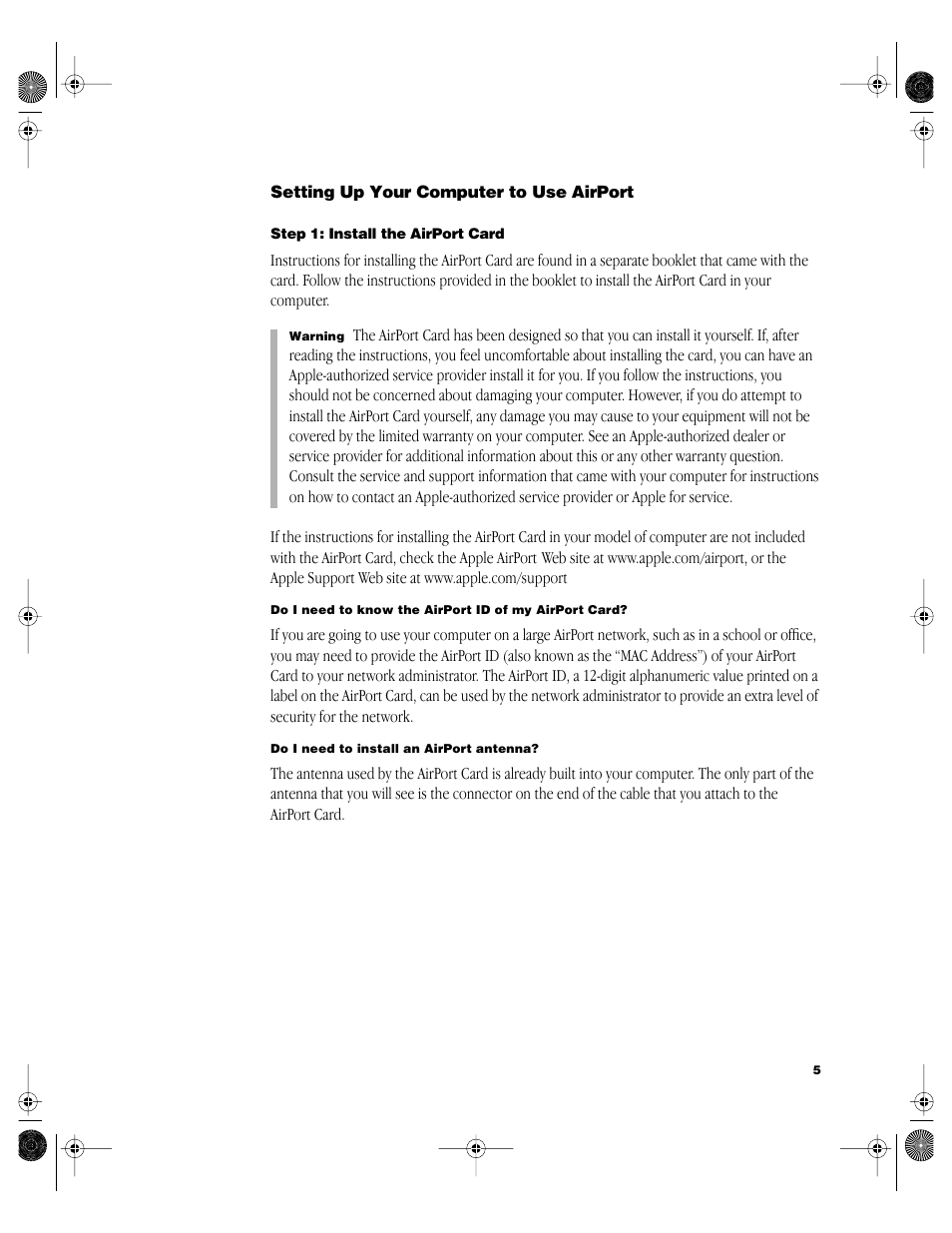 Setting up your computer to use airport | Apple AirPort Card User Manual | Page 5 / 12