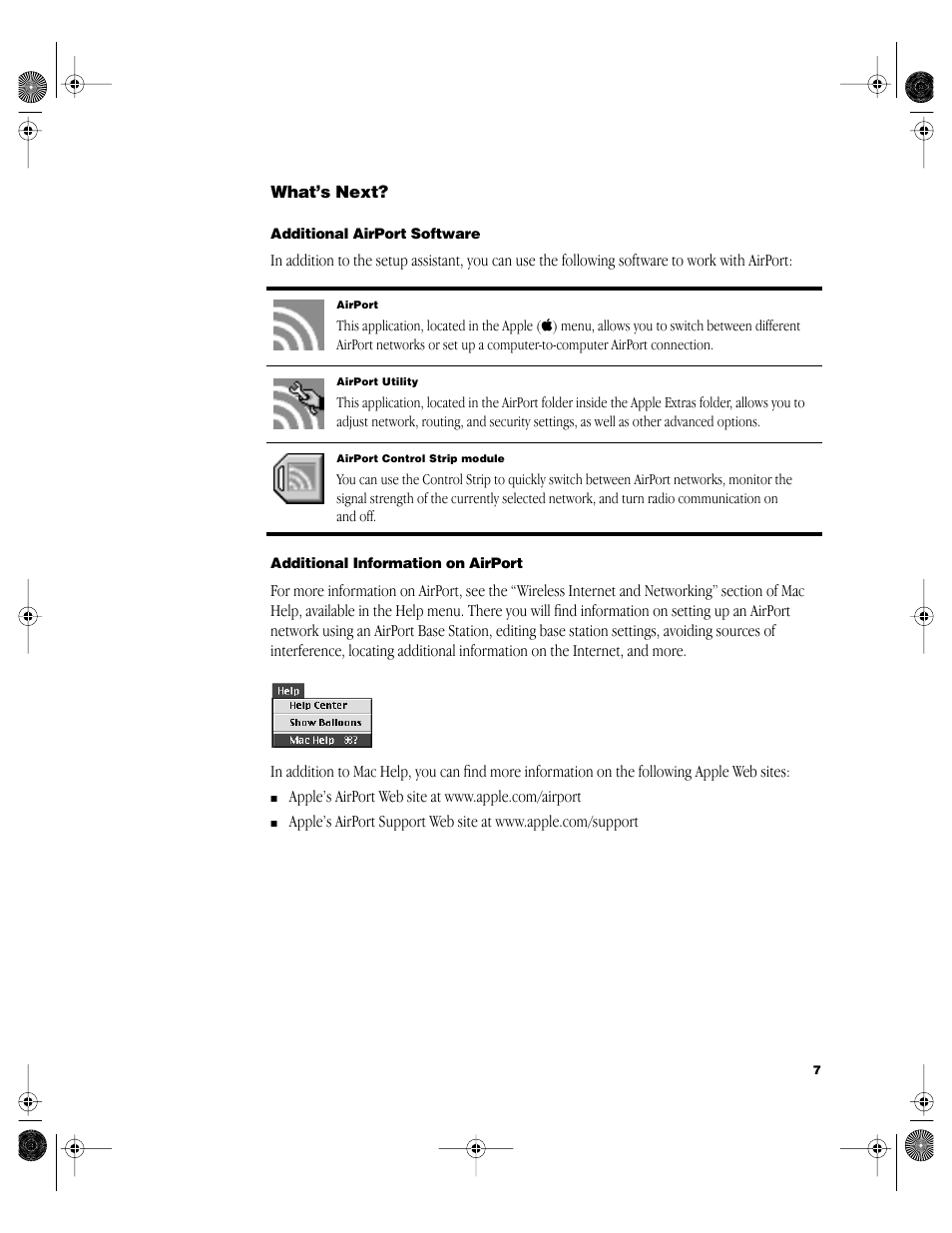 What’s next, Additional airport software, Additional information on airport | Apple AirPort Card User Manual | Page 7 / 12