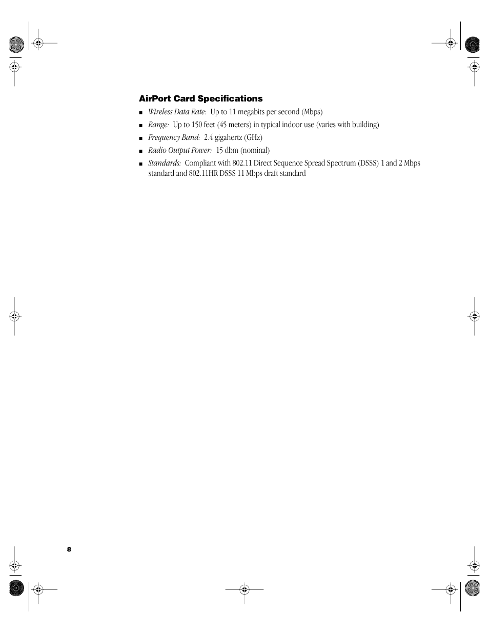 Airport card specifications | Apple AirPort Card User Manual | Page 8 / 12