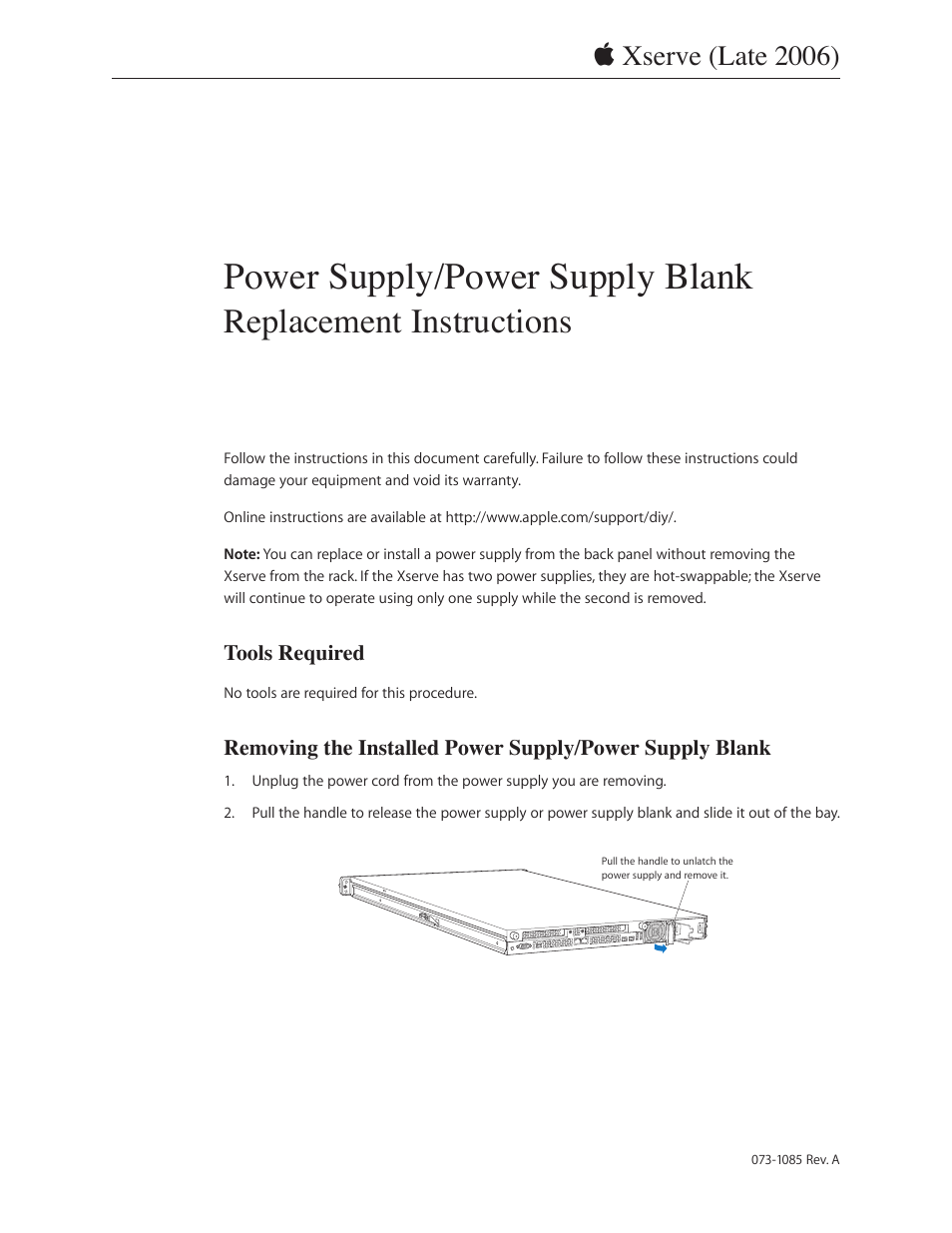 Apple Xserve Intel (Late 2006) DIY Procedure for Power Supply User Manual | 2 pages