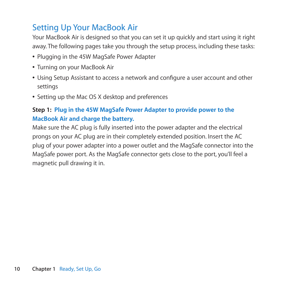 Setting up your macbook air, 10 setting up your macbook air | Apple MacBook Air (11-inch, Late 2010) User Manual | Page 10 / 72
