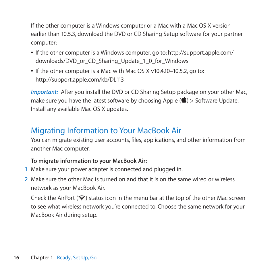 Migrating information to your macbook air, 16 migrating information to your macbook air | Apple MacBook Air (11-inch, Late 2010) User Manual | Page 16 / 72