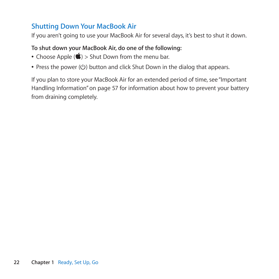 Shutting down your macbook air | Apple MacBook Air (11-inch, Late 2010) User Manual | Page 22 / 72