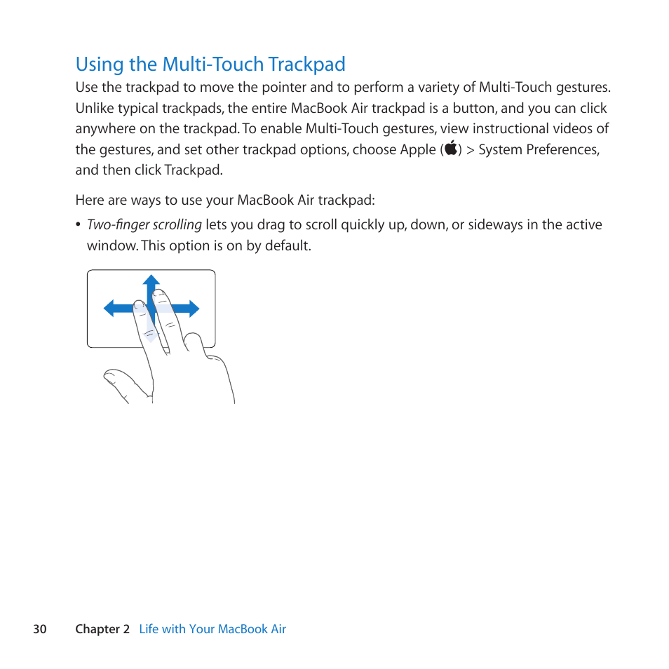 Using the multi-touch trackpad, 30 using the multi-touch trackpad | Apple MacBook Air (11-inch, Late 2010) User Manual | Page 30 / 72