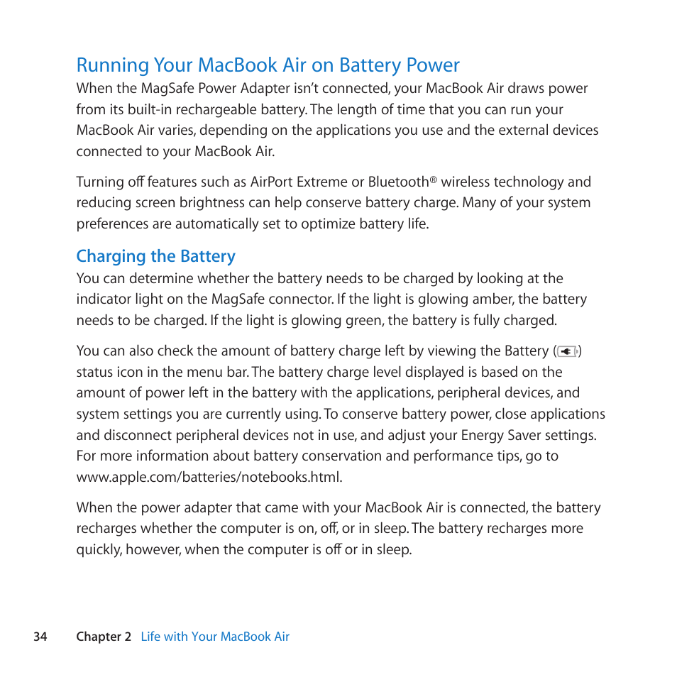 Running your macbook air on battery power, 34 running your macbook air on battery power, Charging the battery | Apple MacBook Air (11-inch, Late 2010) User Manual | Page 34 / 72