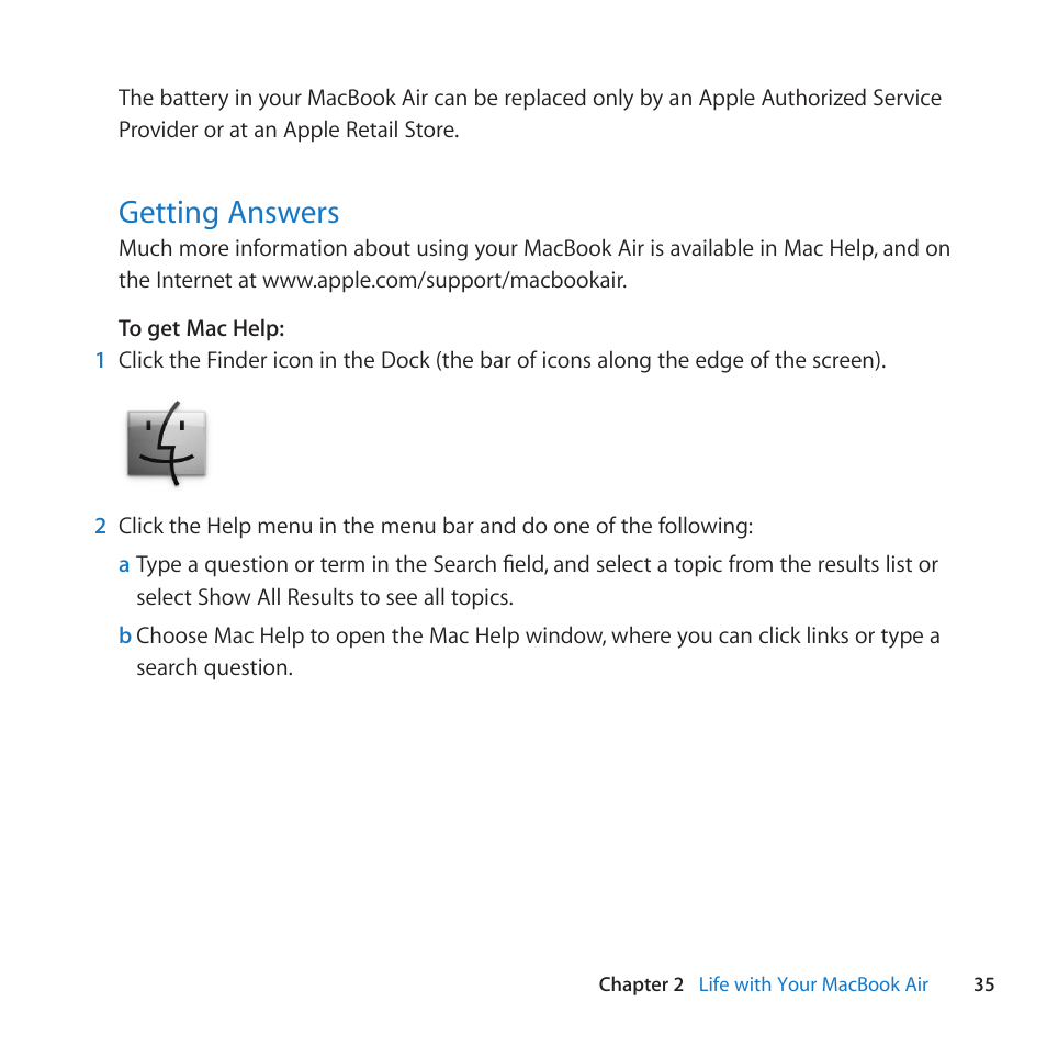Getting answers, 35 getting answers | Apple MacBook Air (11-inch, Late 2010) User Manual | Page 35 / 72