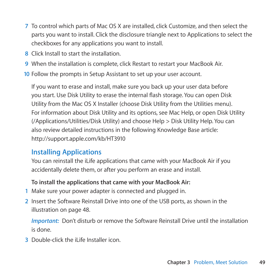 Installing applications | Apple MacBook Air (11-inch, Late 2010) User Manual | Page 49 / 72