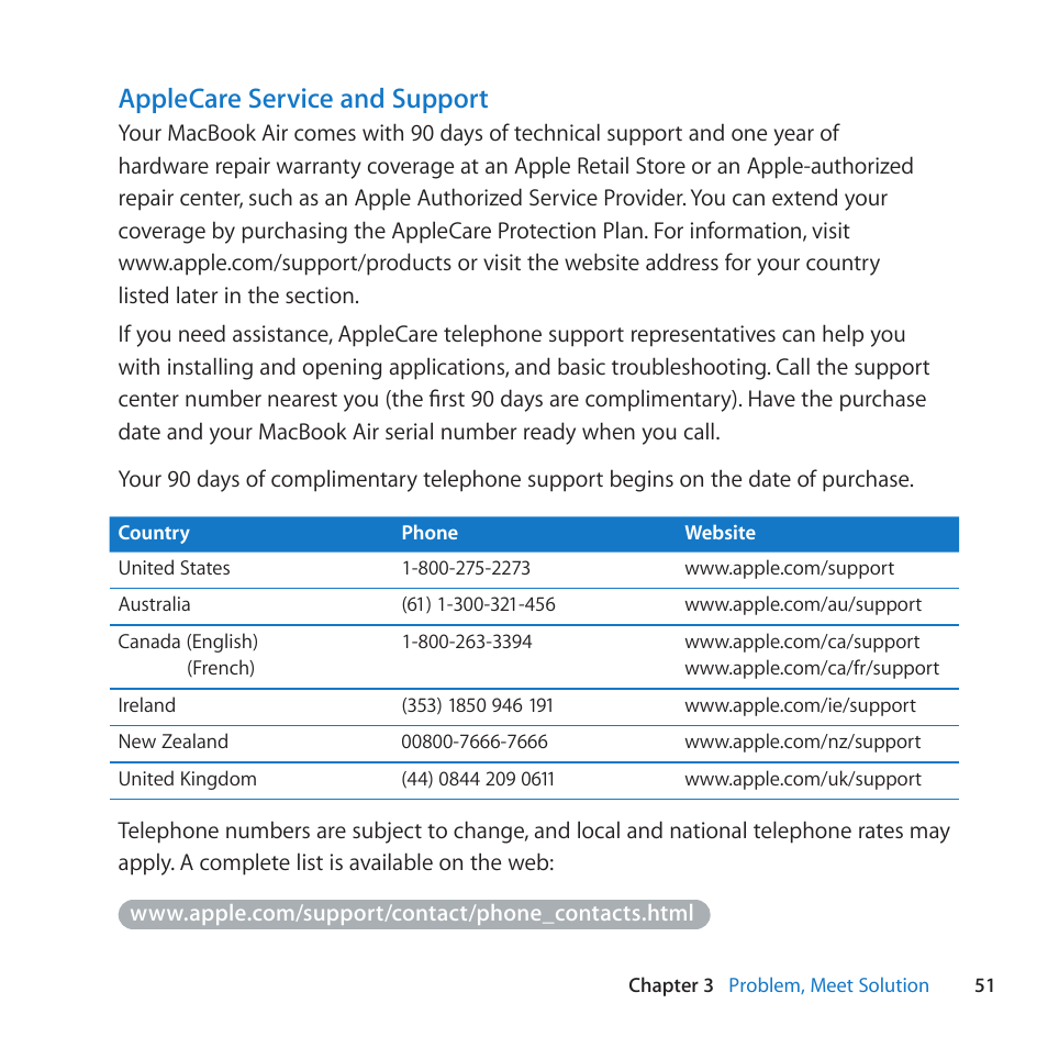 Applecare service and support | Apple MacBook Air (11-inch, Late 2010) User Manual | Page 51 / 72