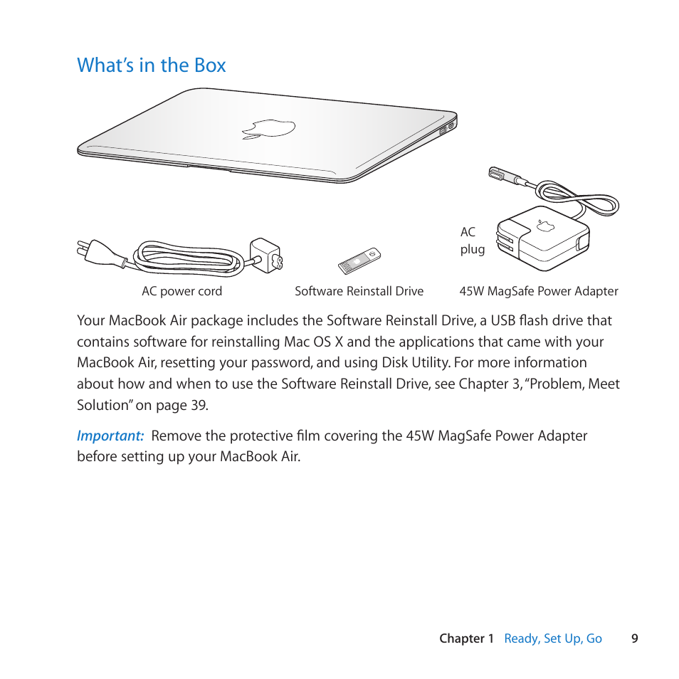 What’s in the box, 9 what’s in the box | Apple MacBook Air (11-inch, Late 2010) User Manual | Page 9 / 72