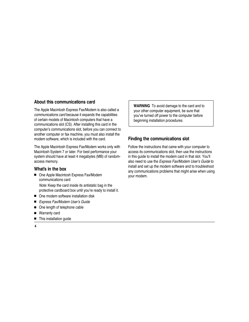 About this communications card, What’s in the box, Finding the communications slot | Apple Macintosh Express Fax/Modem User Manual | Page 4 / 8