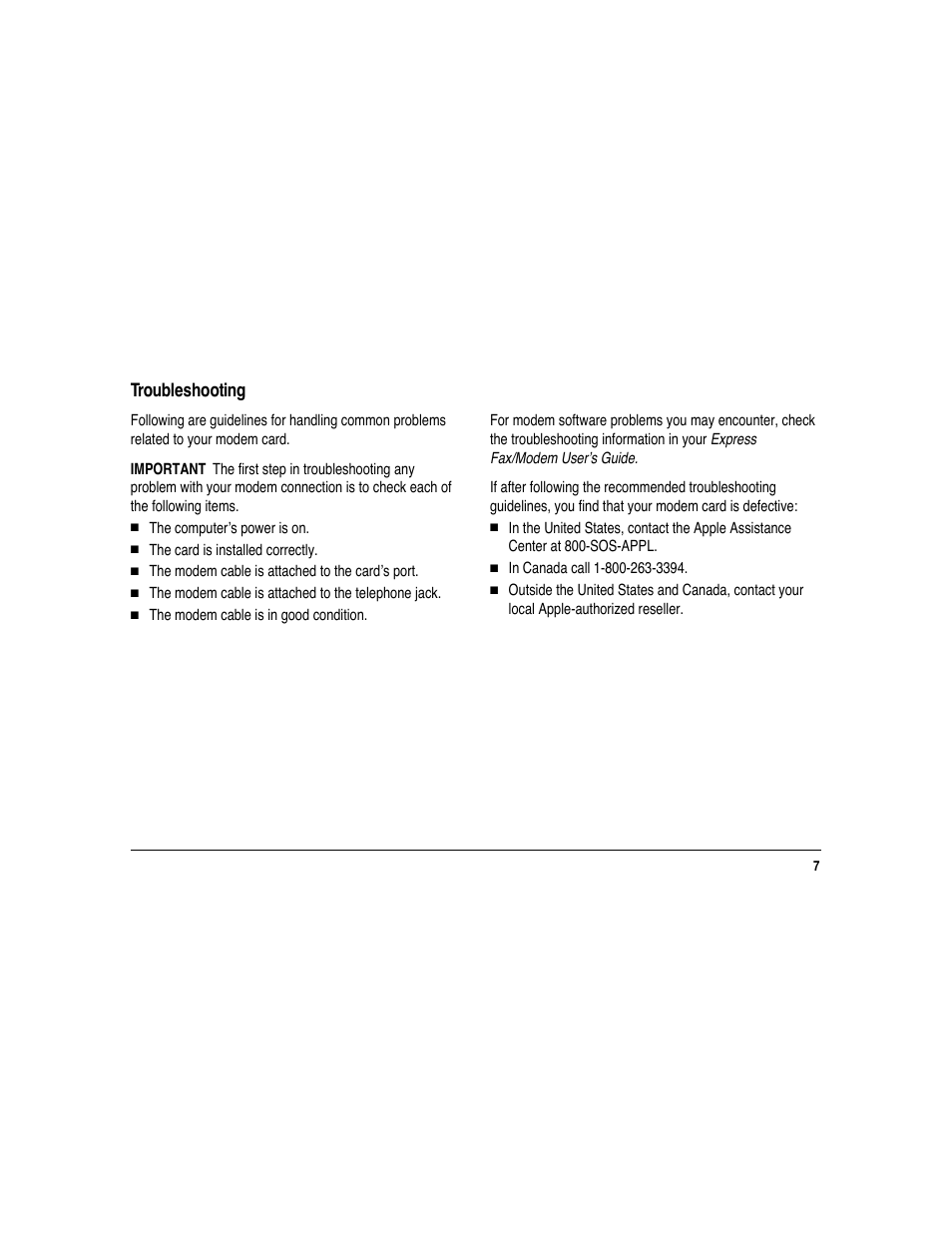 Troubleshooting | Apple Macintosh Express Fax/Modem User Manual | Page 7 / 8