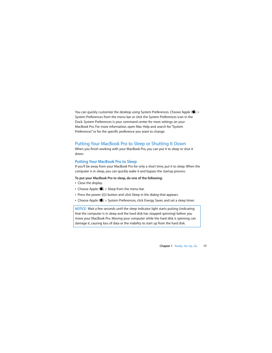 Putting your macbookpro to sleep | Apple MacBook Pro (13-inch, Mid 2009) User Manual | Page 17 / 88