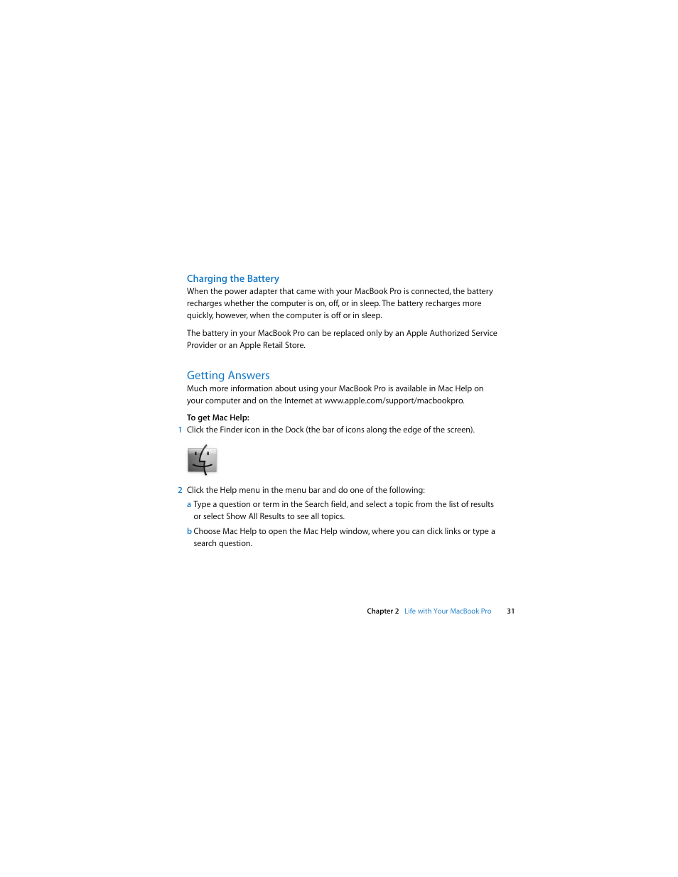 Charging the battery, Getting answers | Apple MacBook Pro (13-inch, Mid 2009) User Manual | Page 31 / 88