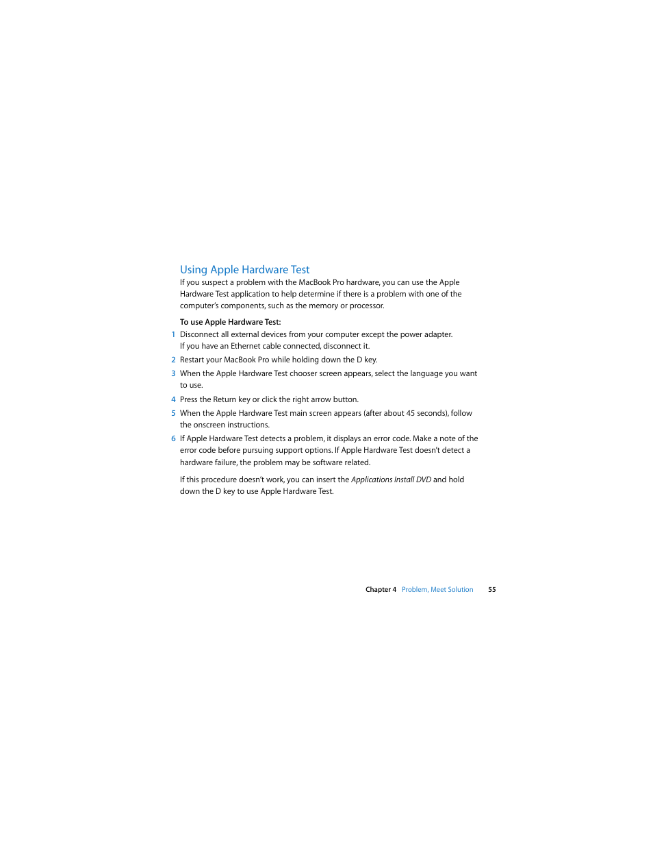 Using apple hardware test | Apple MacBook Pro (13-inch, Mid 2009) User Manual | Page 55 / 88