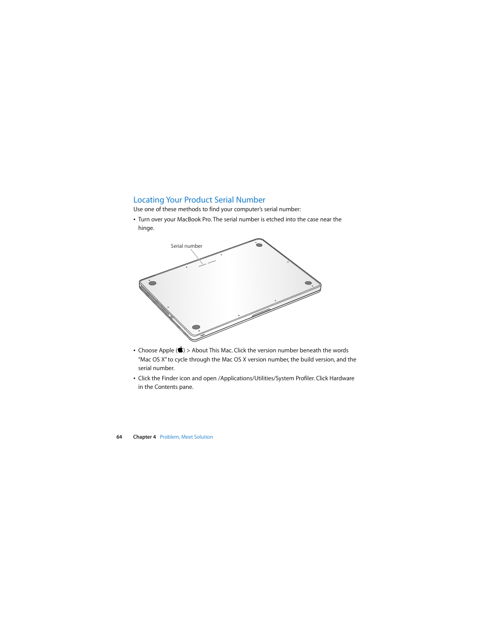 Locating your product serial number | Apple MacBook Pro (13-inch, Mid 2009) User Manual | Page 64 / 88