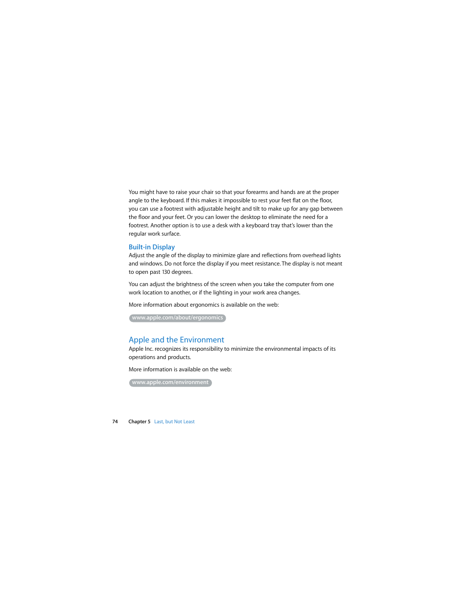 Built-in display, Apple and the environment | Apple MacBook Pro (13-inch, Mid 2009) User Manual | Page 74 / 88