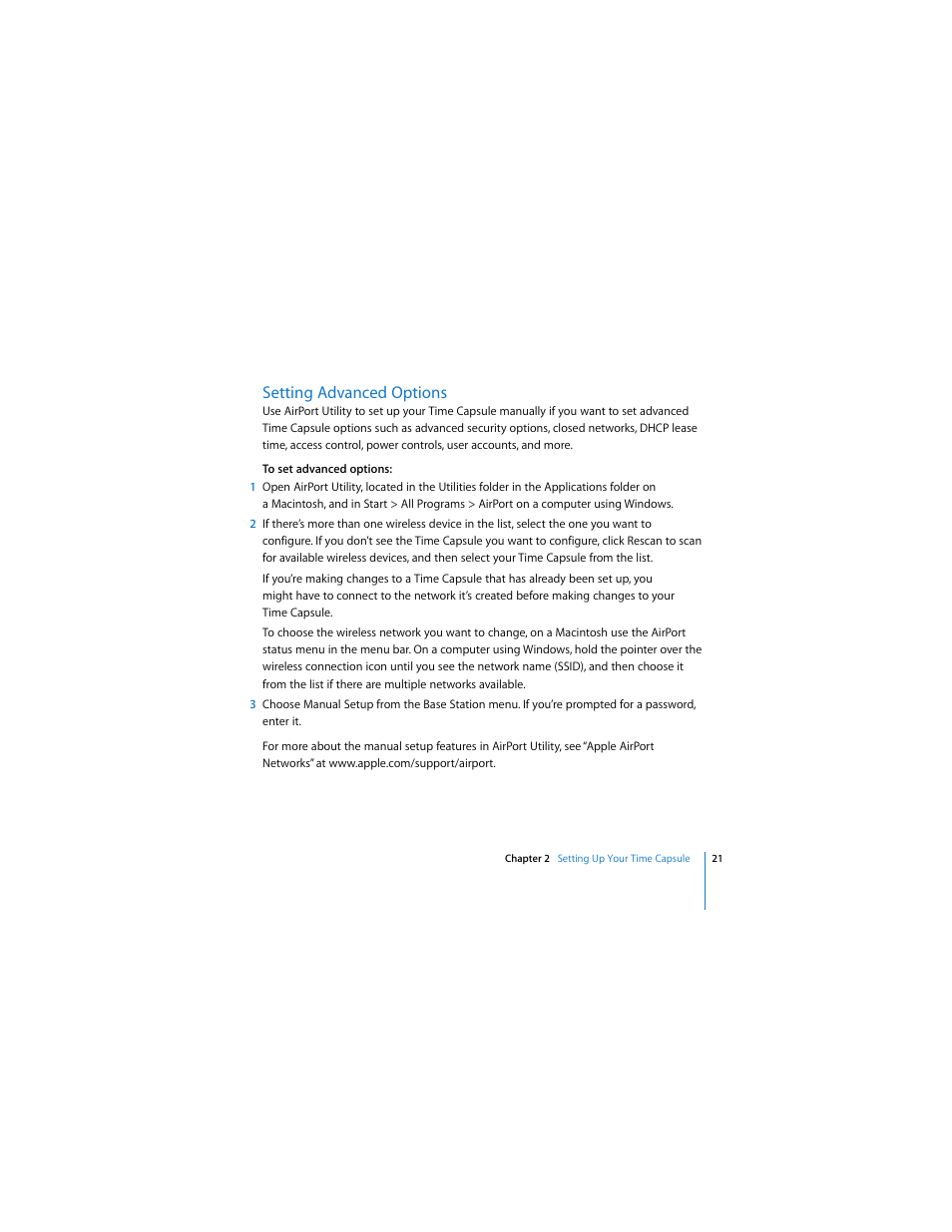 Setting advanced options | Apple AirPort Time Capsule 802.11n (3rd Generation) User Manual | Page 21 / 40