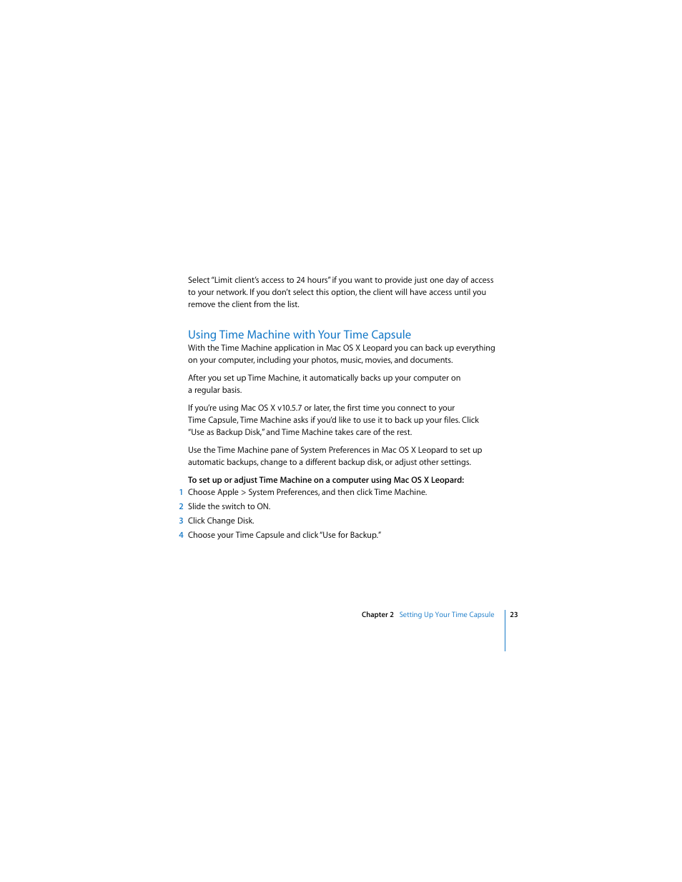 Using time machine with your time capsule | Apple AirPort Time Capsule 802.11n (3rd Generation) User Manual | Page 23 / 40