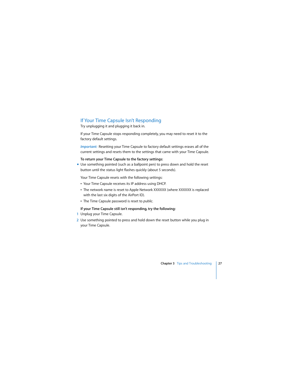 If your time capsule isn’t responding | Apple AirPort Time Capsule 802.11n (3rd Generation) User Manual | Page 27 / 40