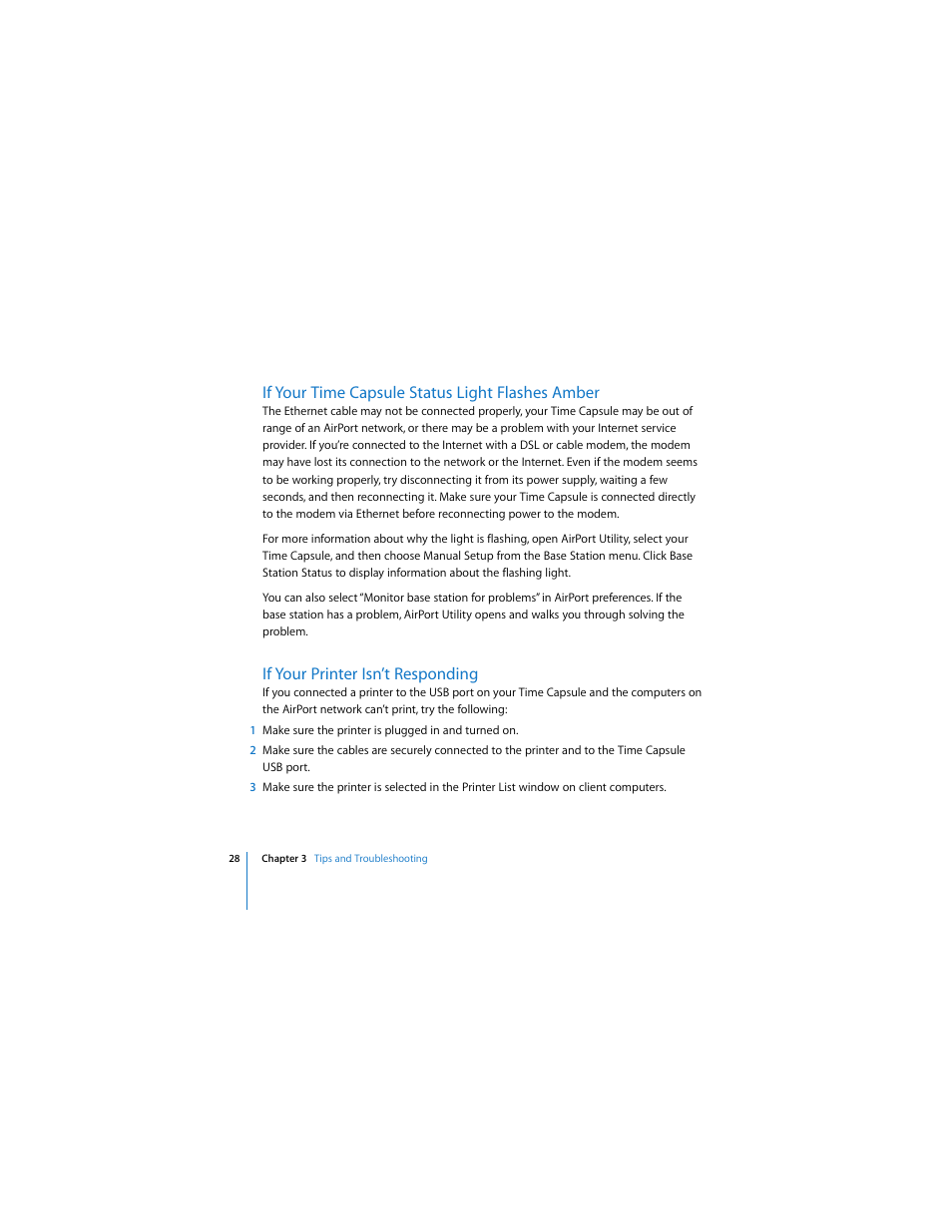 If your time capsule status light flashes amber, If your printer isn’t responding | Apple AirPort Time Capsule 802.11n (3rd Generation) User Manual | Page 28 / 40