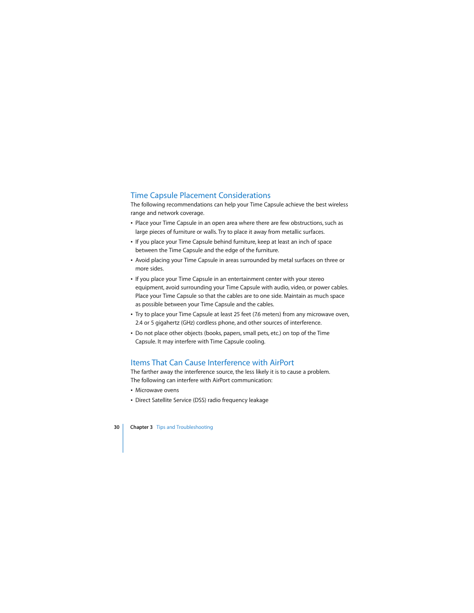 Time capsule placement considerations, Items that can cause interference with airport | Apple AirPort Time Capsule 802.11n (3rd Generation) User Manual | Page 30 / 40