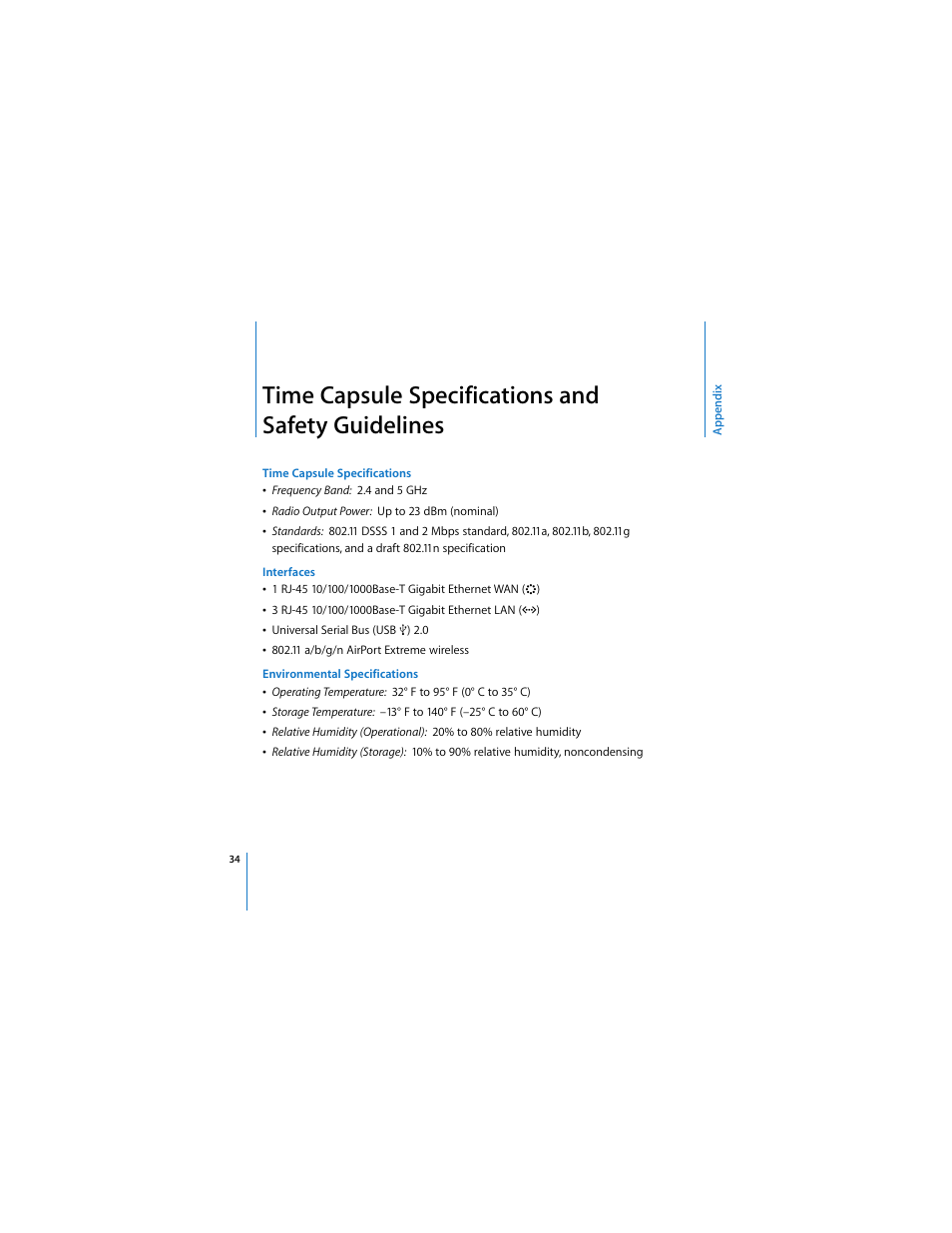 Time capsule specifications and safety guidelines | Apple AirPort Time Capsule 802.11n (3rd Generation) User Manual | Page 34 / 40