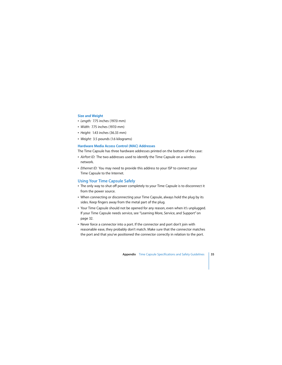 Using your time capsule safely | Apple AirPort Time Capsule 802.11n (3rd Generation) User Manual | Page 35 / 40