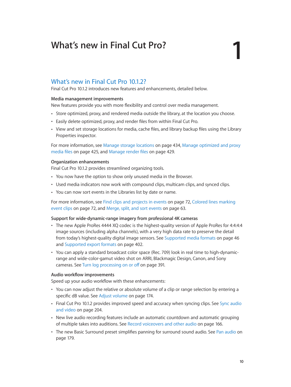 Chapter 1: what’s new in final cut pro, What’s new in final cut pro 10.1.2, 10 what’s new in final cut pro 10.1.2 | What’s new in final cut pro | Apple Final Cut Pro X (10.1.2) User Manual | Page 10 / 495