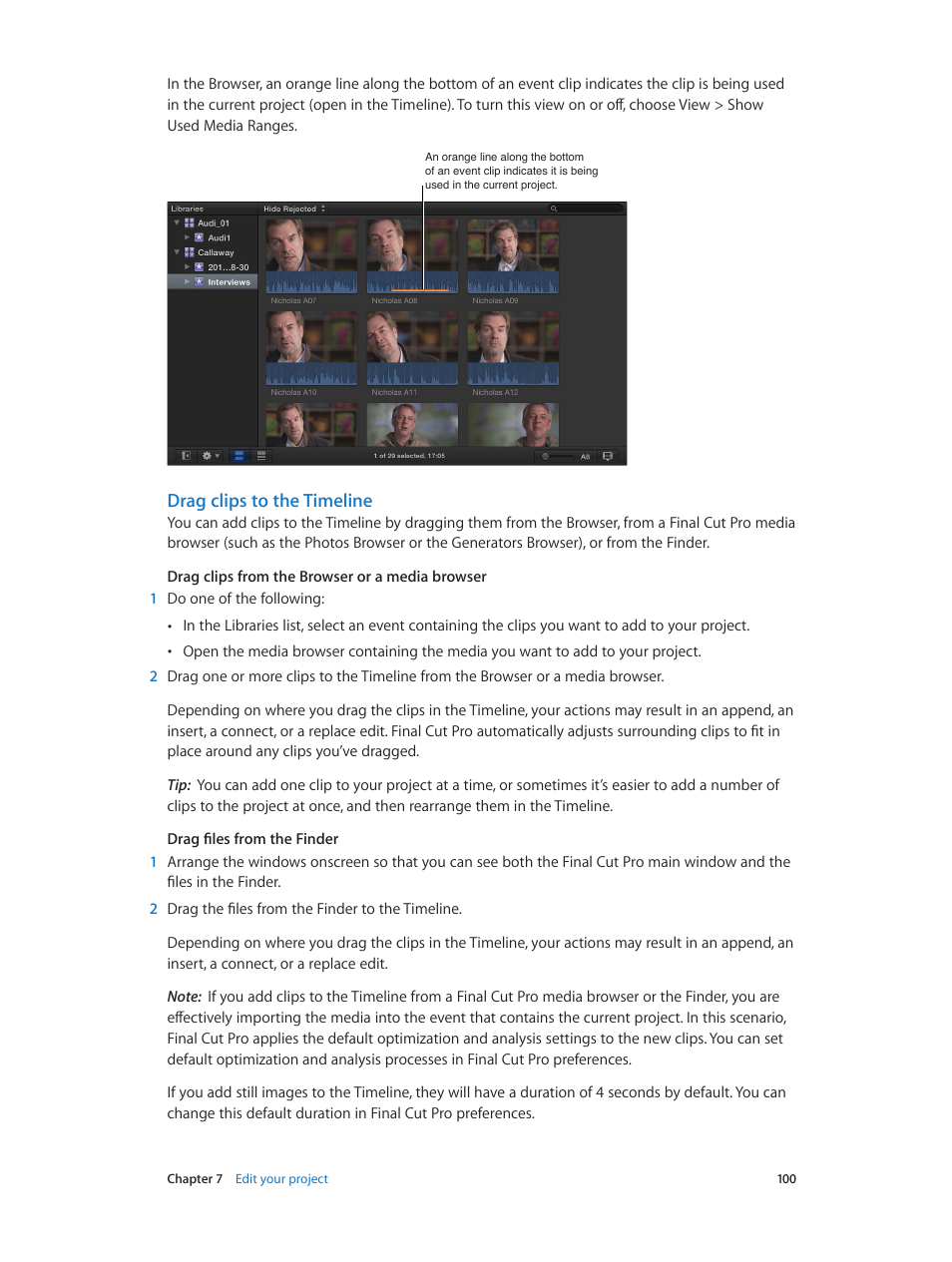 Drag clips to the timeline | Apple Final Cut Pro X (10.1.2) User Manual | Page 100 / 495