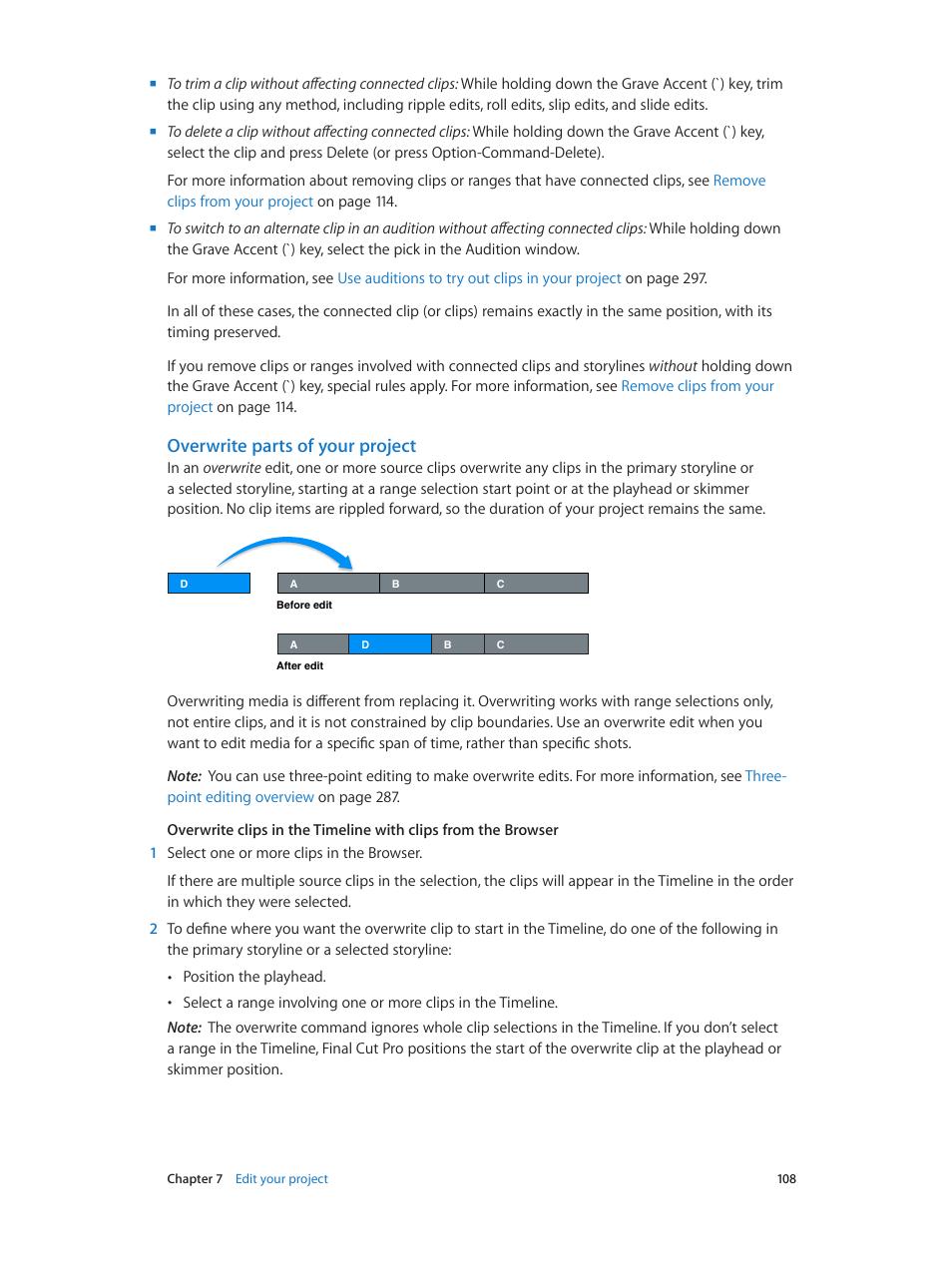 Overwrite parts of your project | Apple Final Cut Pro X (10.1.2) User Manual | Page 108 / 495