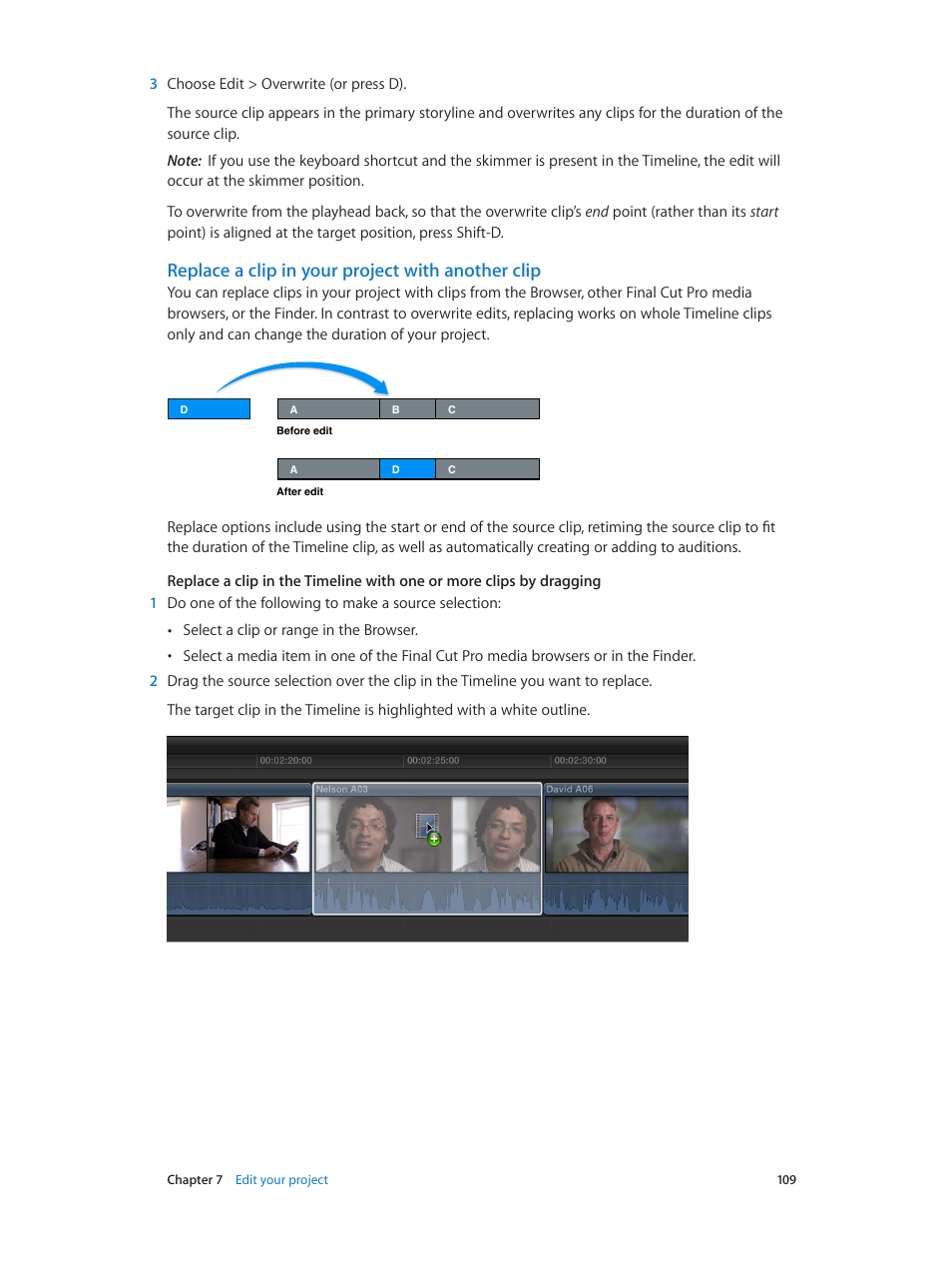 Replace a clip in your project with another clip | Apple Final Cut Pro X (10.1.2) User Manual | Page 109 / 495